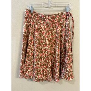 Tibi Wrap Skirt Womens Brown Pink Floral Cotton Excellent Knee Length A-Line